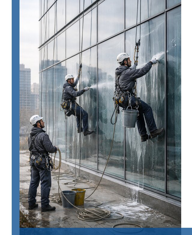 Промышленная мойка панорамных окон на высоте в Кызыле