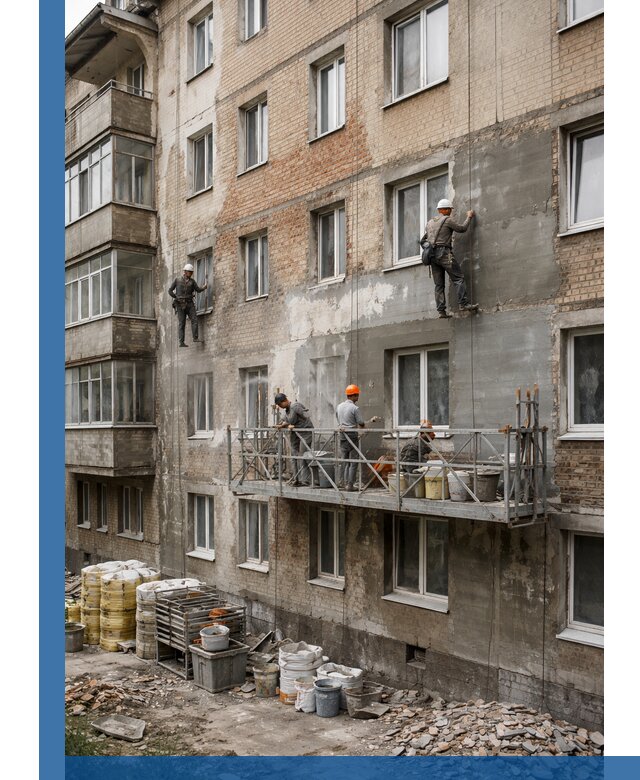 Капитальный ремонт фасада в Кызыле с восстановлением и гидроизоляцией