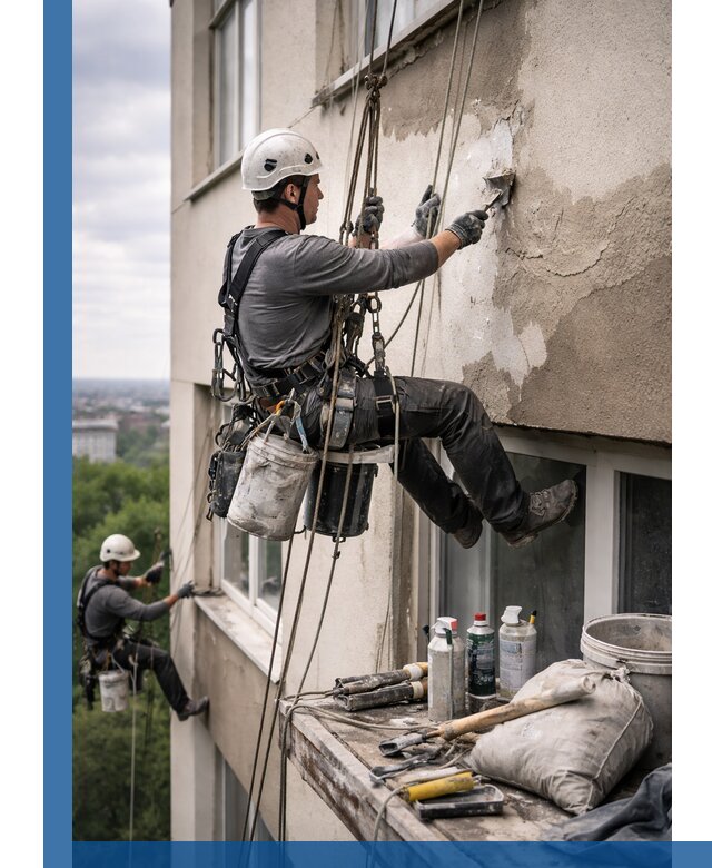 Косметический ремонт фасада зданий в Кызыле промышленными альпинистами