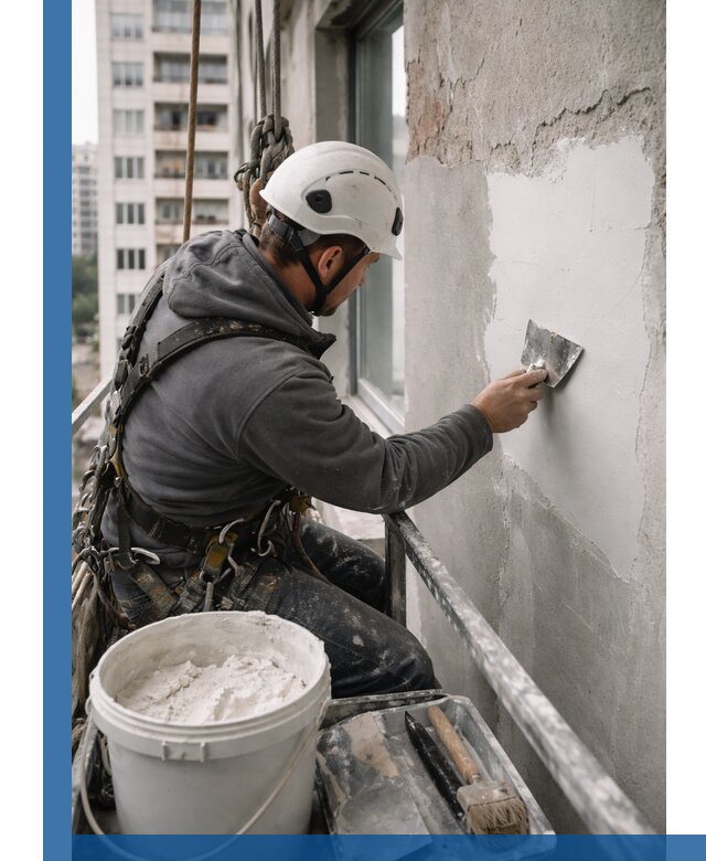 Шпаклевка фасадов на высоте с промальпинистами в Кызыле