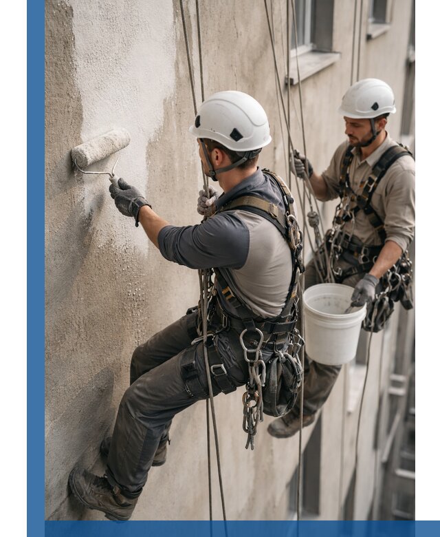 Грунтовка фасада на высоте в Кызыле промышленными альпинистами