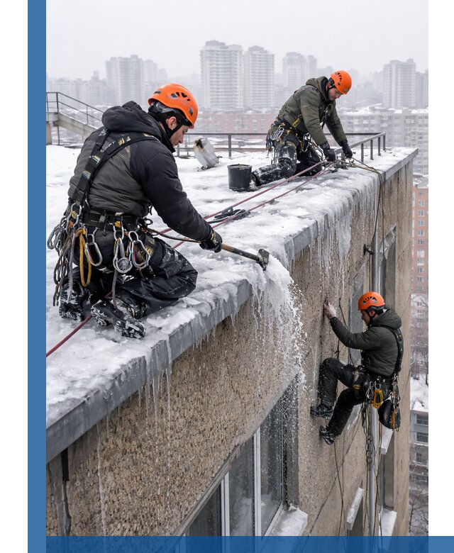 Удаление наледи с кровли в Кызыле промышленными альпинистами