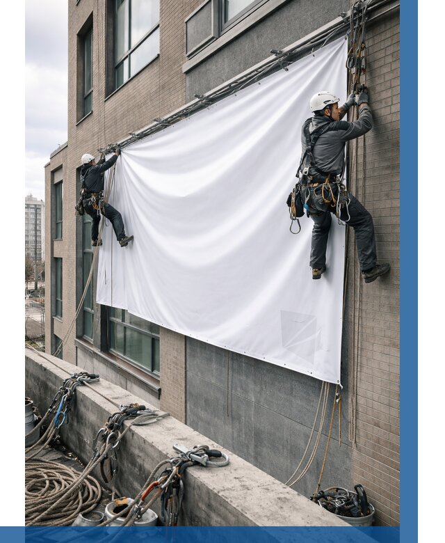 Монтаж баннеров на фасаде в Кызыле от 674 р. заказать ВЫСОТНИК-Кзл