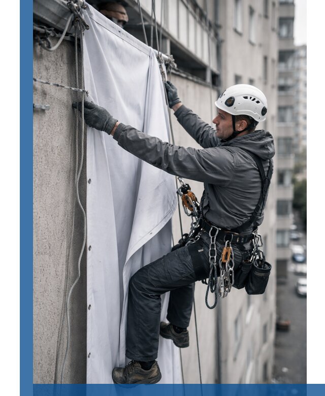 Замена баннерного полотна промышленными альпинистами в Кызыле