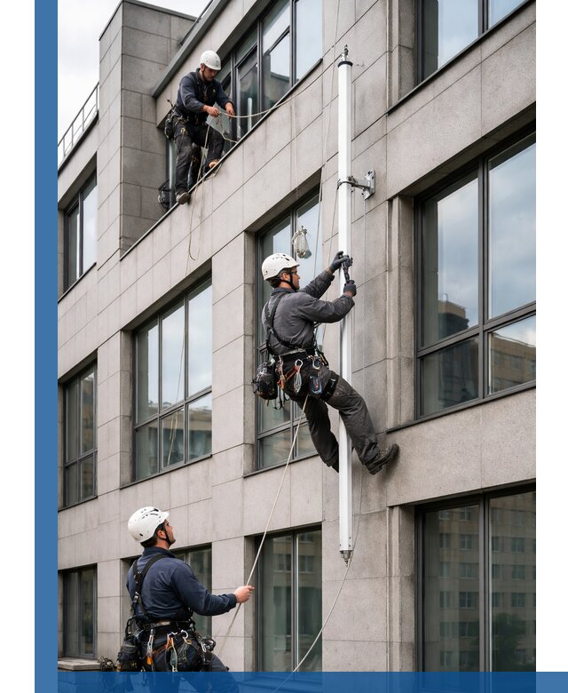 Монтаж флагштока на фасаде здания с креплением и герметикой в Кызыле