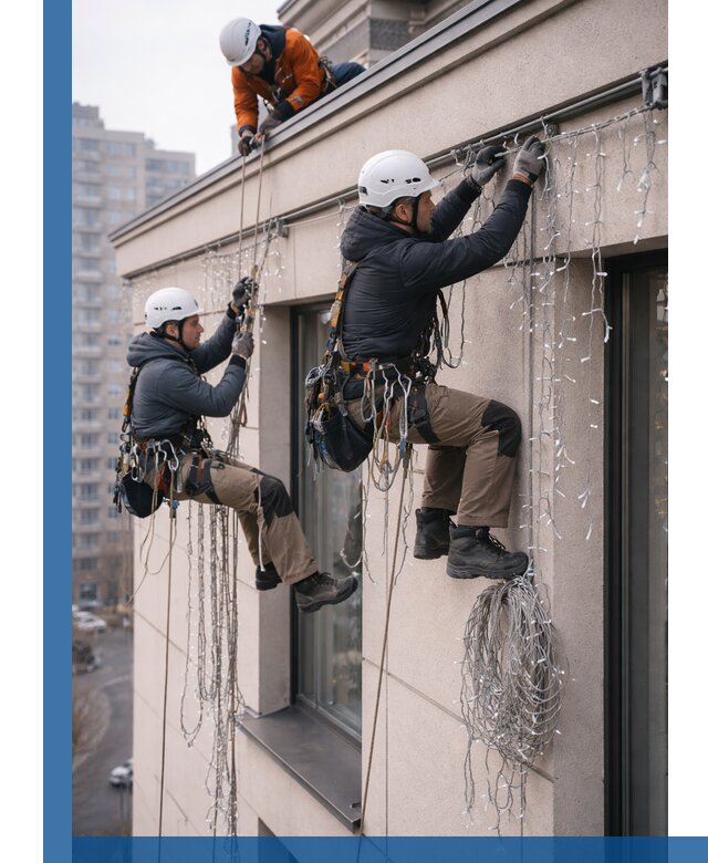 Монтаж праздничных гирлянд на фасаде в Кызыле для зданий