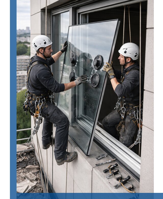 Замена стеклопакетов на высоте с промышленными альпинистами в Кызыле