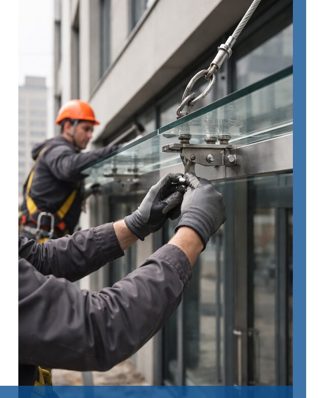 Монтаж стеклянных козырьков в Кызыле от 8815 р. | ВЫСОТНИК-Кзл