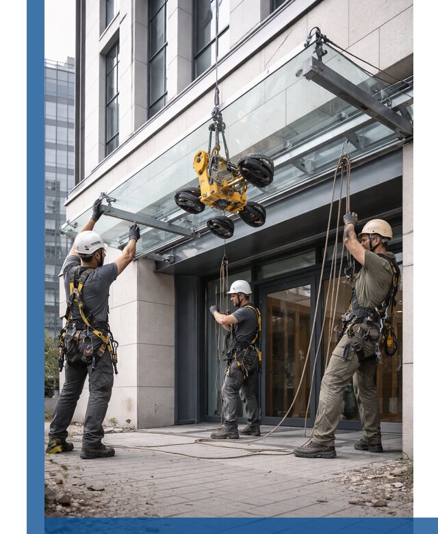 Монтаж стеклянных козырьков под ключ в Кызыле для зданий