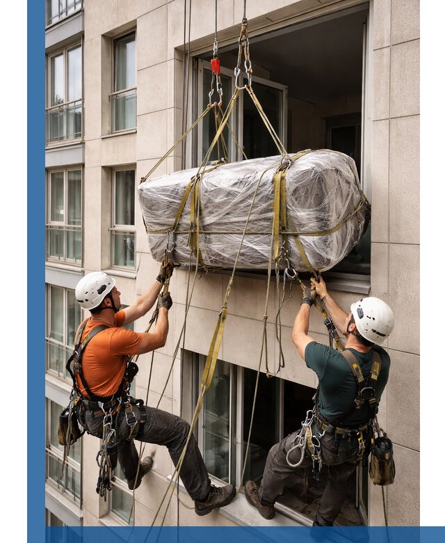 Подъем грузов через окно в Кызыле промышленными альпинистами