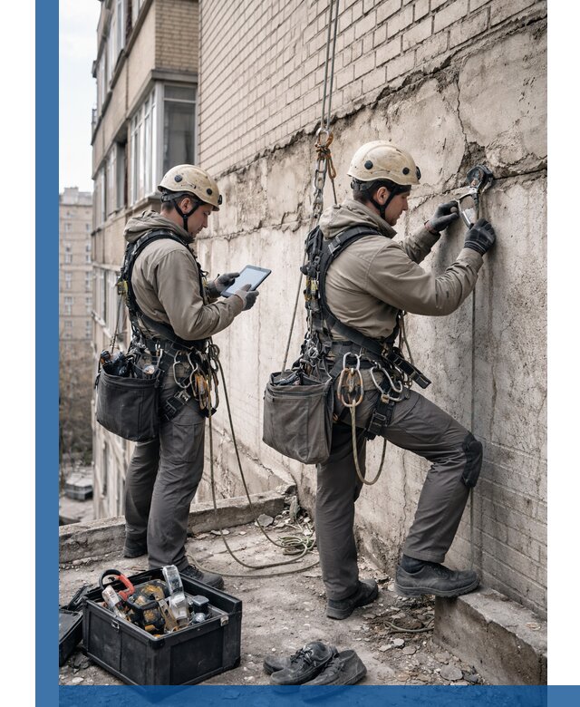 Обследование фасада промышленными альпинистами в Кызыле